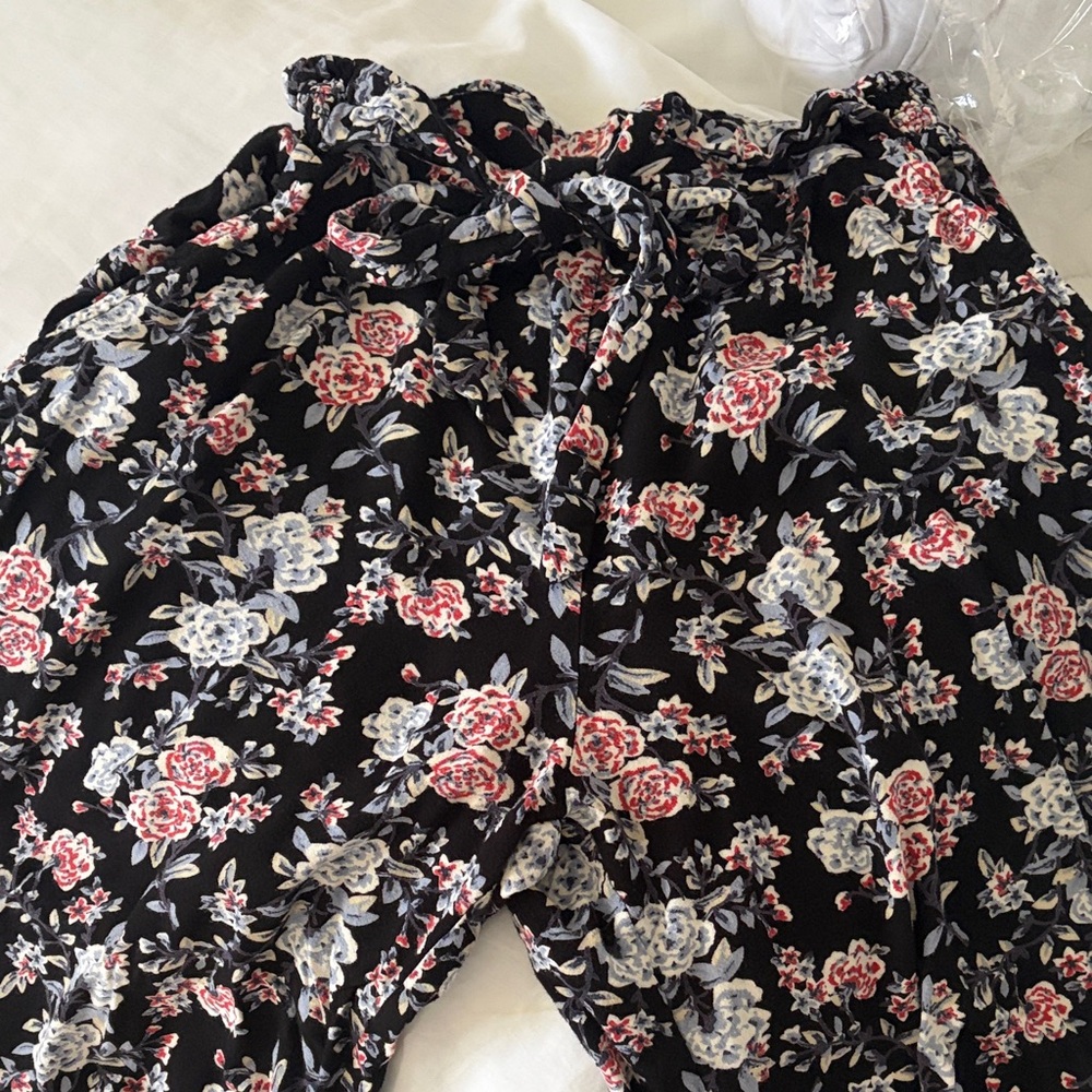 Angie Black Pants with Red and White Floral Design